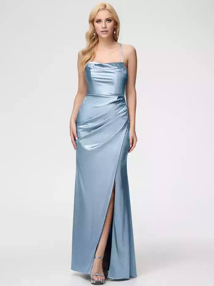 Dusty Rose Prom Dresses Satin Sleeveless Cowl Spaghetti Straps Trumpet Mermaid Split Satin Prom Dresses