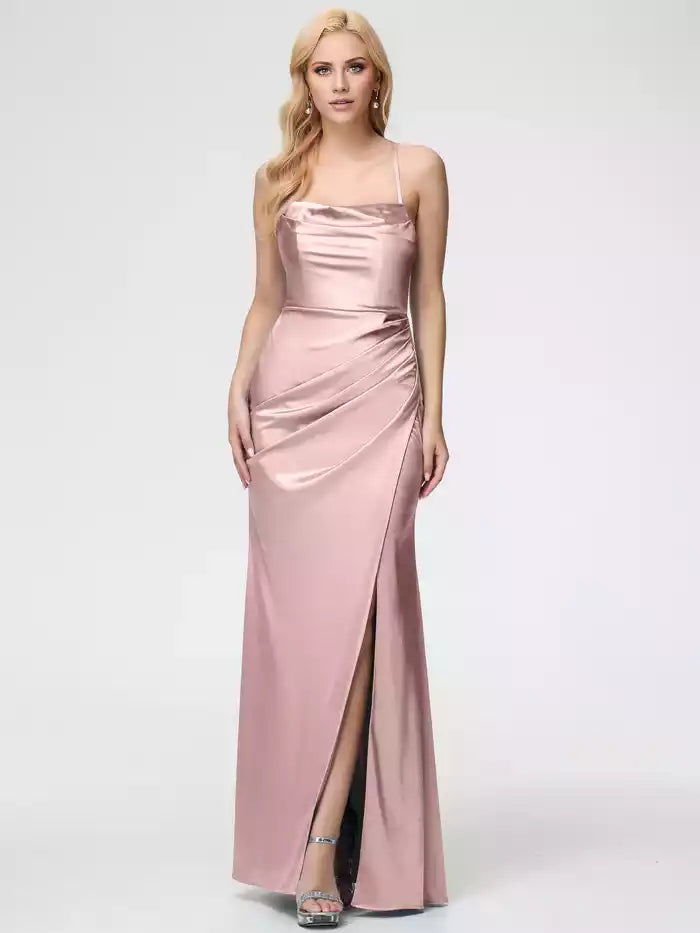 Dusty Rose Prom Dresses Satin Sleeveless Cowl Spaghetti Straps Trumpet Mermaid Split Satin Prom Dresses