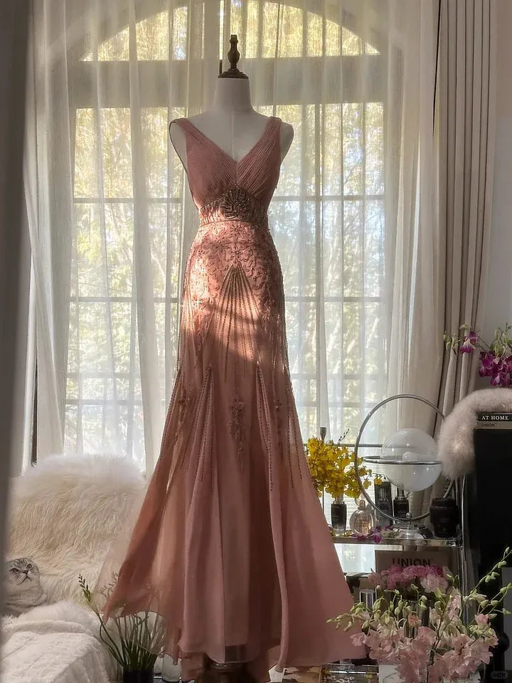 Dusty Rose V-Neck Beaded Embroidered Mermaid Gown