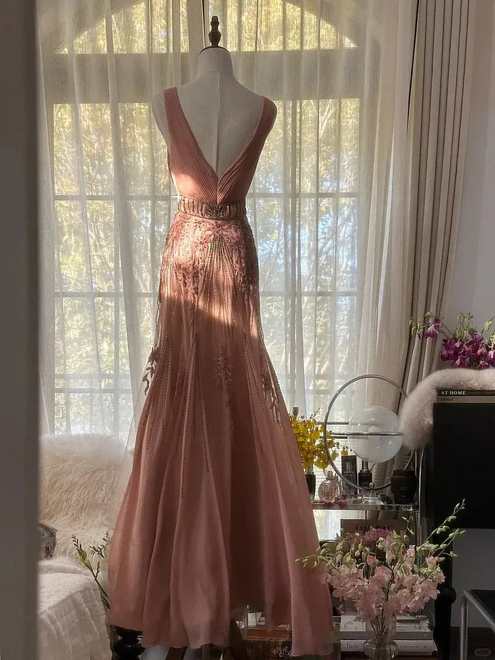 Dusty Rose V-Neck Beaded Embroidered Mermaid Gown