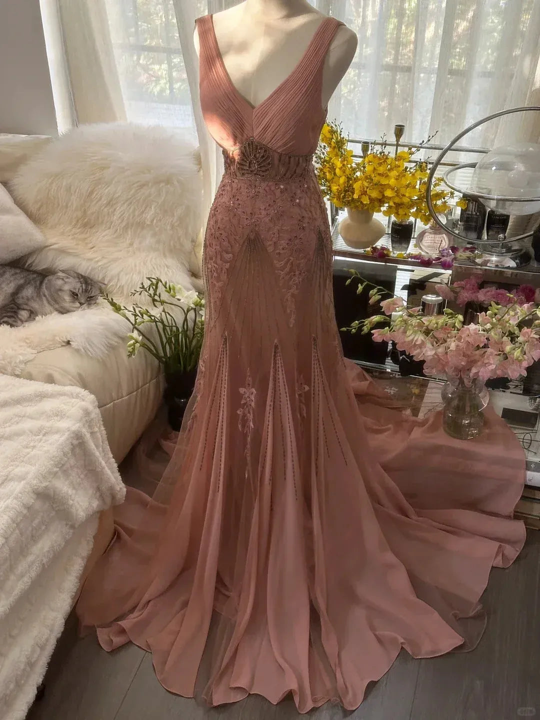 Dusty Rose V-Neck Beaded Embroidered Mermaid Gown