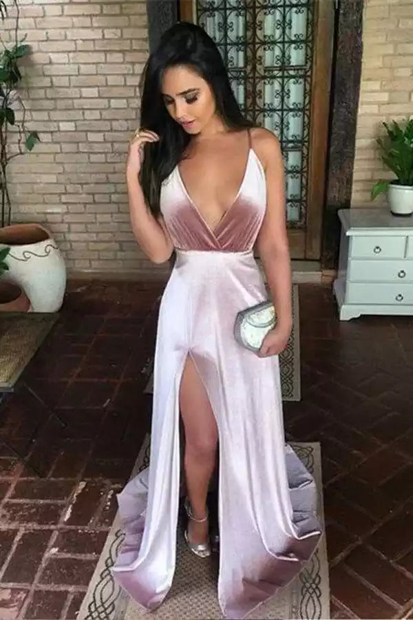 Dusty Rose Velvet Spaghetti Strap Crisscross Back Slit Gown – Luxe & Romantic Evening Party Dress