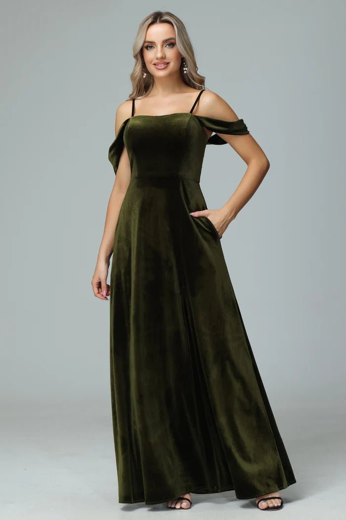 Earthy A-Line Cold-Shoulder Spaghetti-Strap Tie-Back Velvet Floor-Length Bridesmaid Dresses