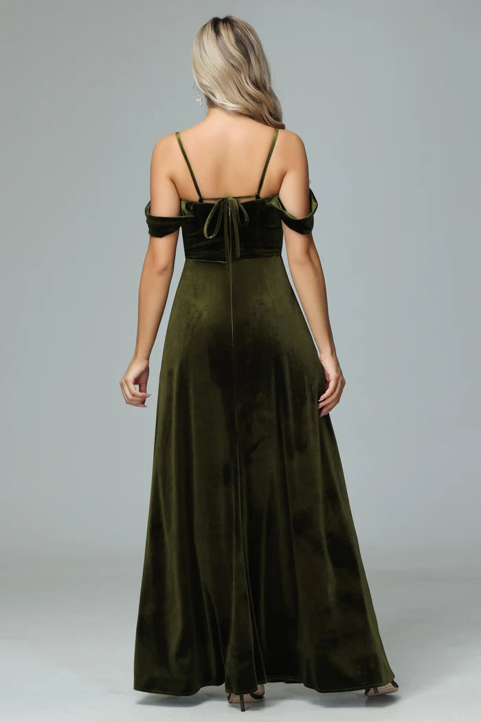 Earthy A-Line Cold-Shoulder Spaghetti-Strap Tie-Back Velvet Floor-Length Bridesmaid Dresses