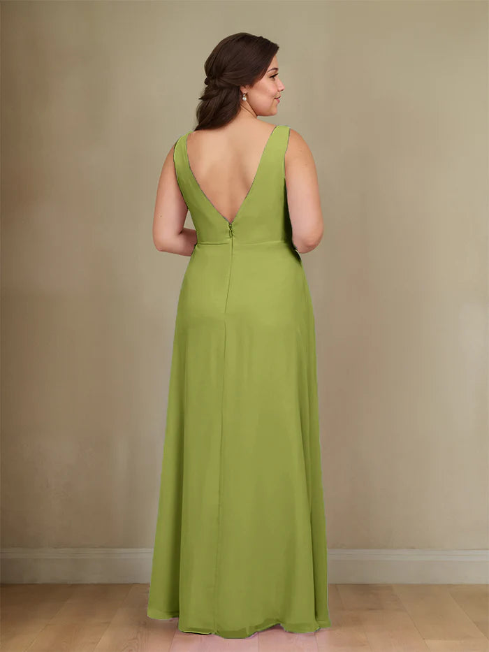 Plus Size Earthy A-Line Deep-V Sleeveless Plunge-Back Floor-Length Plus-Size Bridesmaid Dresses