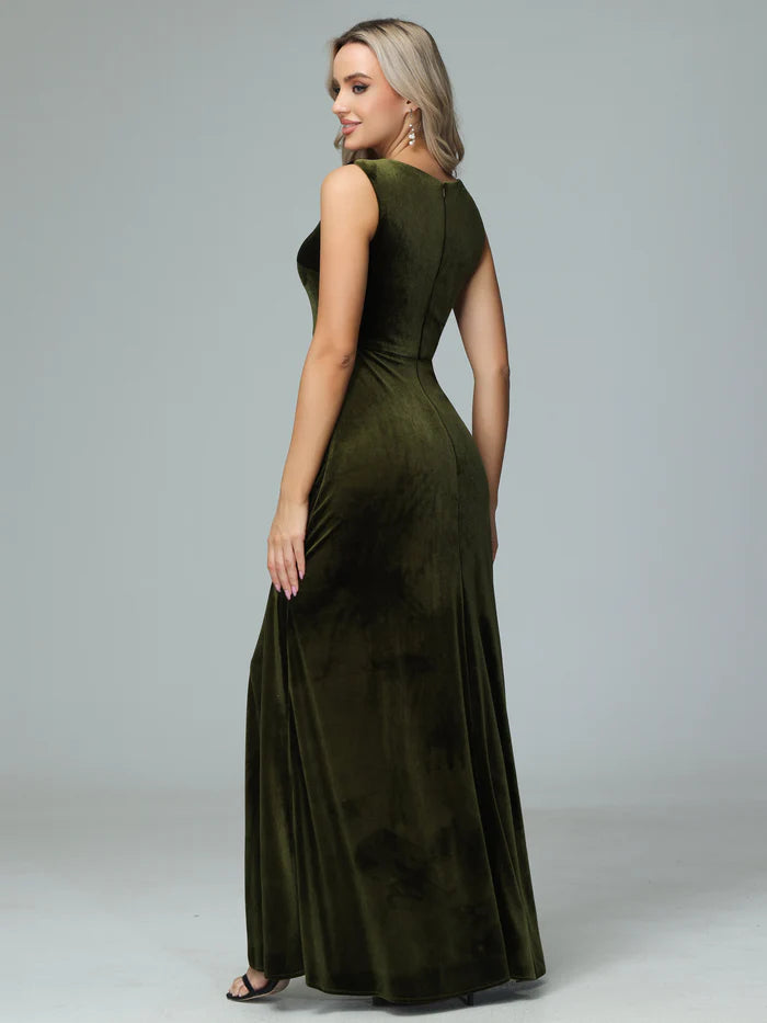 Earthy A-Line Deep-V Sleeveless Zipper-Back Velvet Floor-Length Bridesmaid Dresses