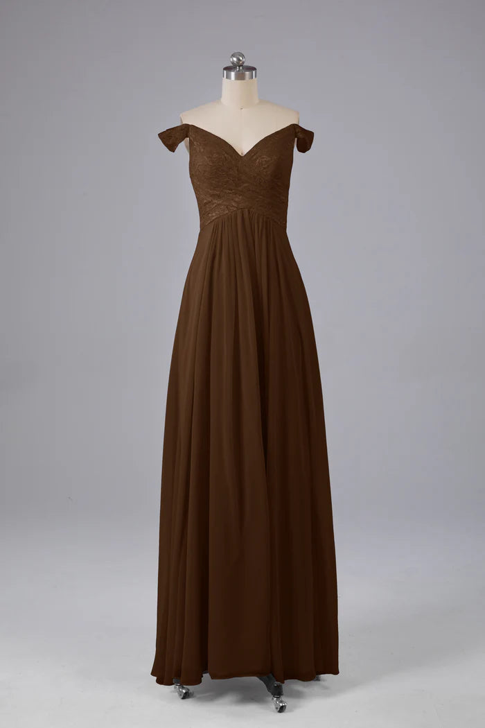 Earthy A-Line Off-Shoulder Lace V-Back Floor-Length Bridesmaid Dresses
