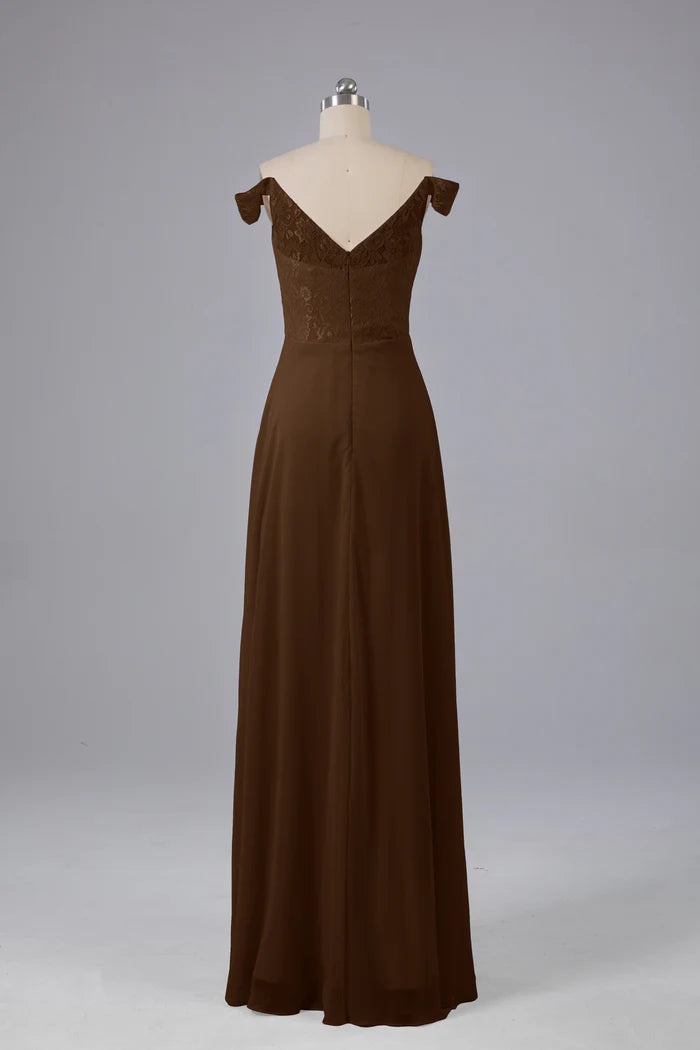 Earthy A-Line Off-Shoulder Lace V-Back Floor-Length Bridesmaid Dresses
