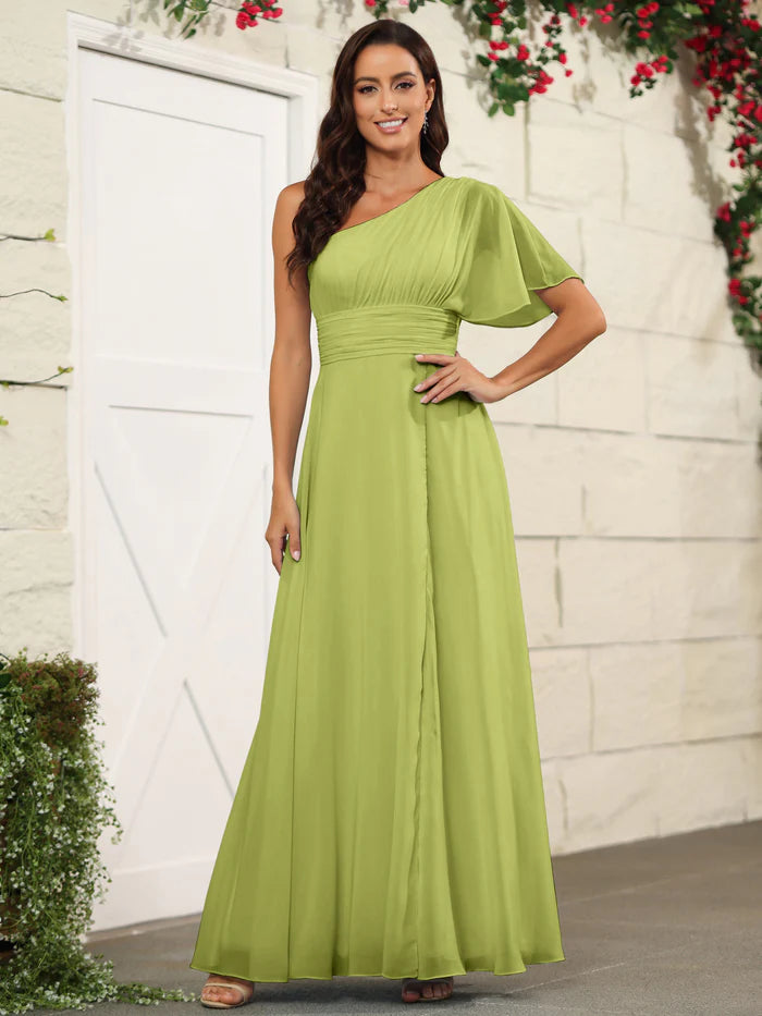 Earthy A-Line One-Shoulder Flutter-Sleeve Bow-Back Floor-Length Bridesmaid Dresses