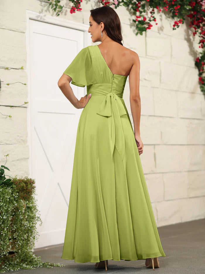 Earthy A-Line One-Shoulder Flutter-Sleeve Bow-Back Floor-Length Bridesmaid Dresses