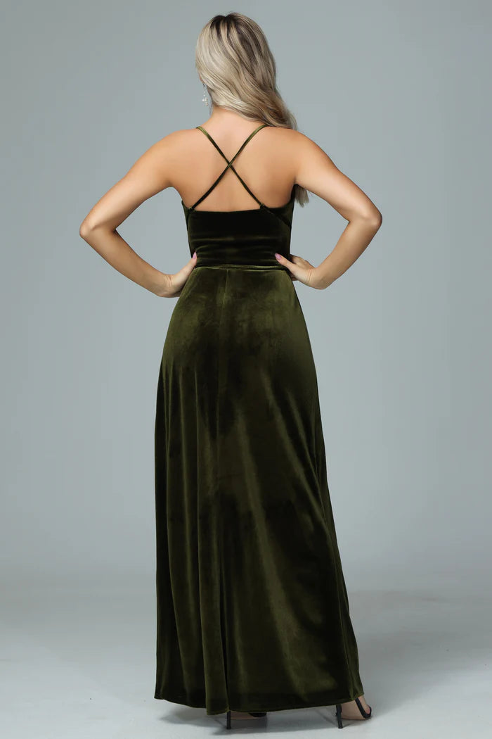 Earthy A-Line Square-Neck Spaghetti-Strap Cross-Back Velvet Floor-Length Bridesmaid Dresses