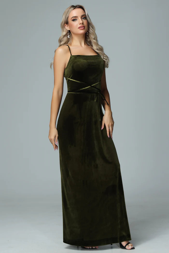 Earthy A-Line Square-Neck Spaghetti-Strap Cross-Back Velvet Floor-Length Bridesmaid Dresses