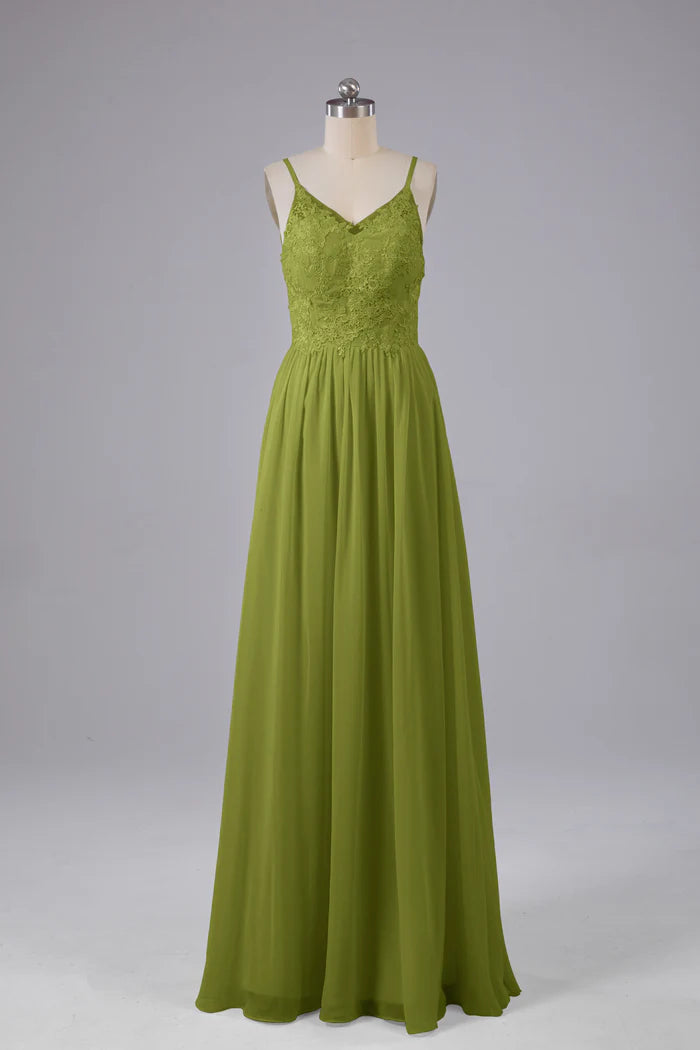 Earthy A-Line Sweetheart Lace Spaghetti-Strap Keyhole-Back Floor-Length Bridesmaid Dresses