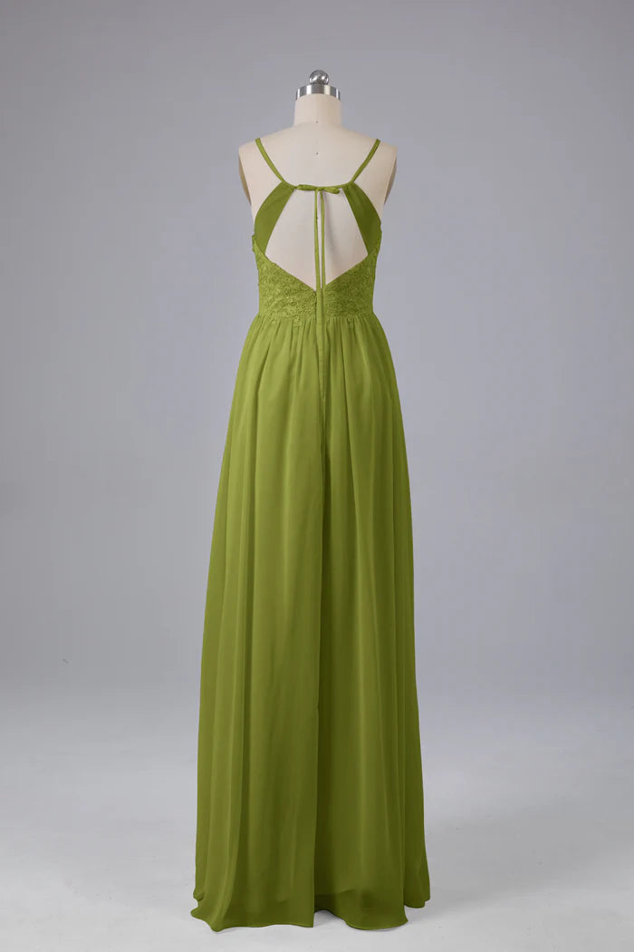 Earthy A-Line Sweetheart Lace Spaghetti-Strap Keyhole-Back Floor-Length Bridesmaid Dresses