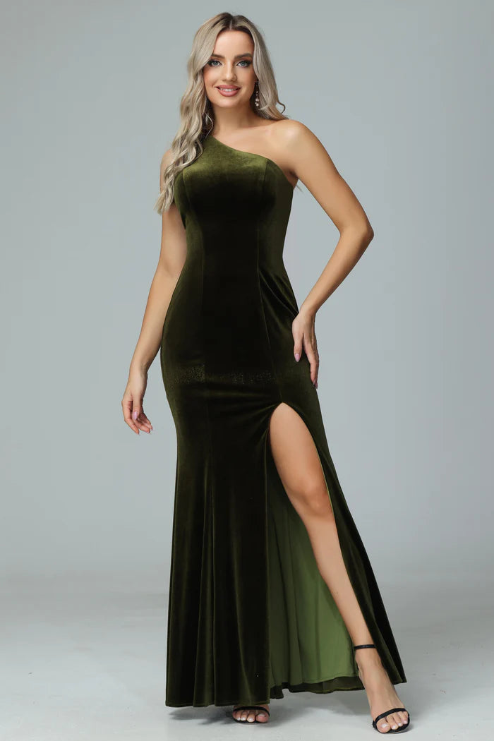 Earthy Mermaid One-Shoulder Sleeveless Zipper-Back Velvet Floor-Length Bridesmaid Dresses