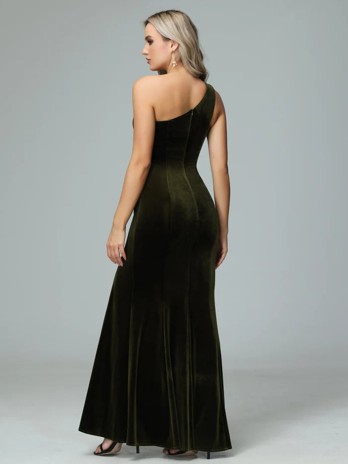 Earthy Mermaid One-Shoulder Sleeveless Zipper-Back Velvet Floor-Length Bridesmaid Dresses