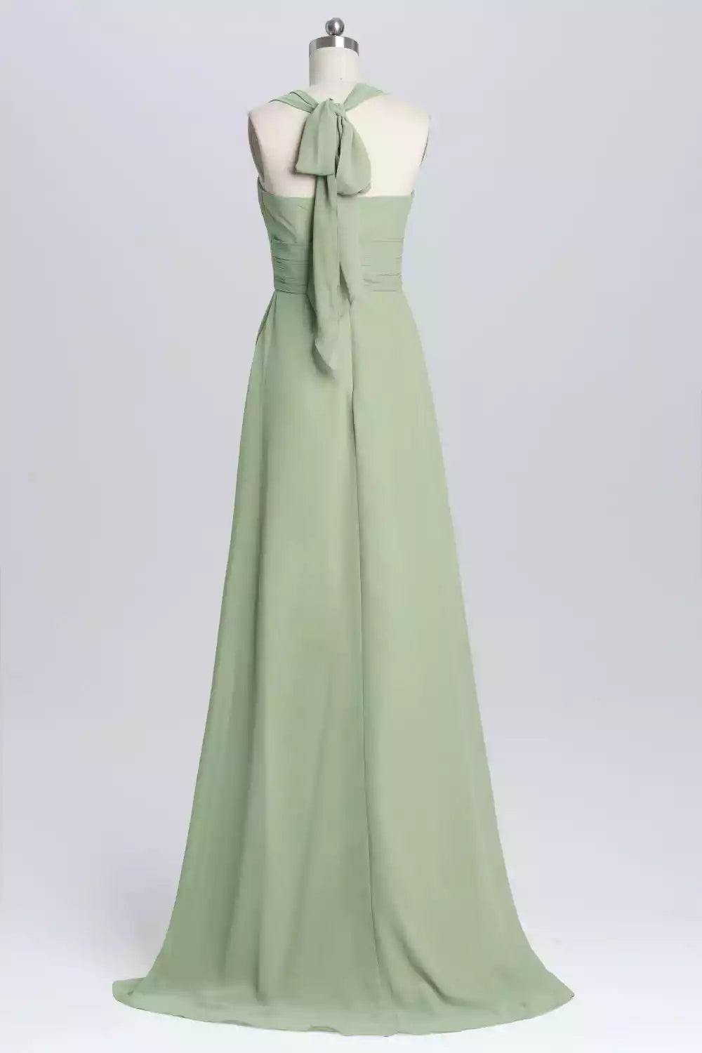 Earthy Sage Green Chiffon Gown with Halter Bow Back & Sweetheart Bodice