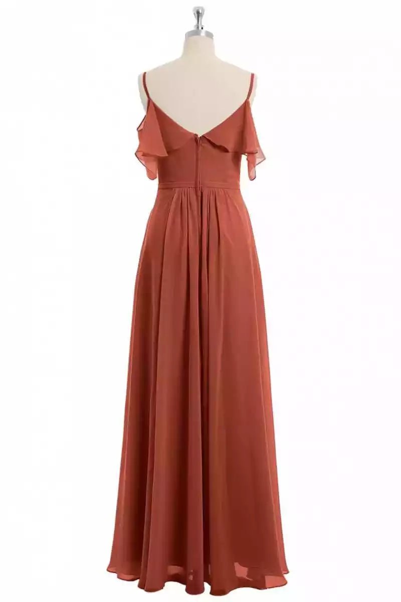 Earthy Terracotta Chiffon Gown with Cold-Shoulder Ruffle Straps