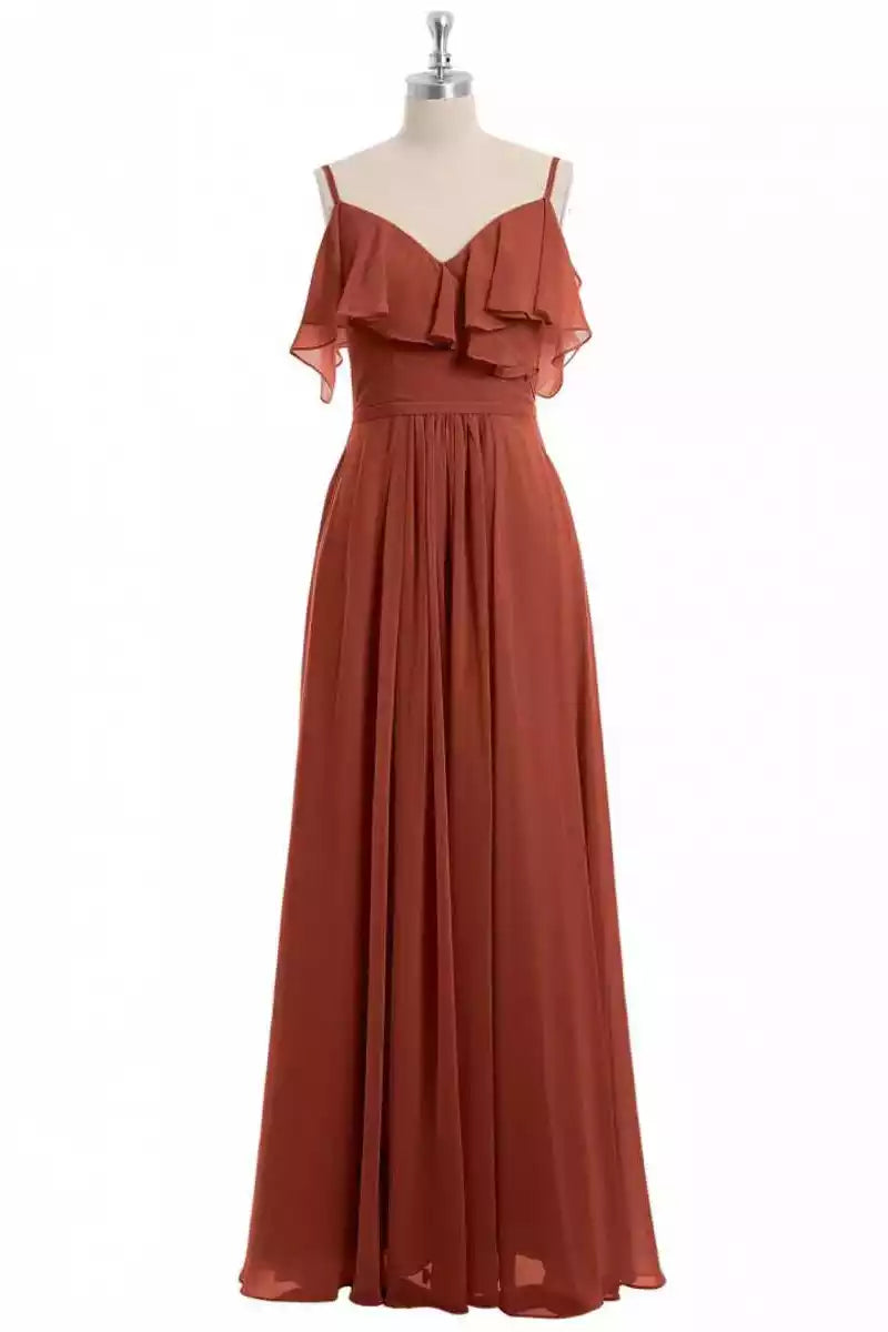 Earthy Terracotta Chiffon Gown with Cold-Shoulder Ruffle Straps