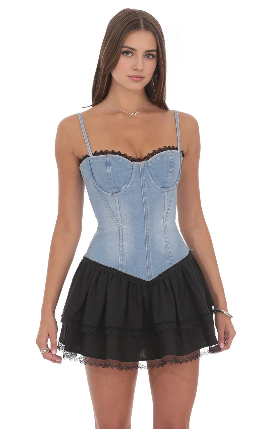 Edgy A-Line Sweetheart-Neck Denim-Spaghetti-Strap Lace-Trimmed Short Length Homecoming Dresses