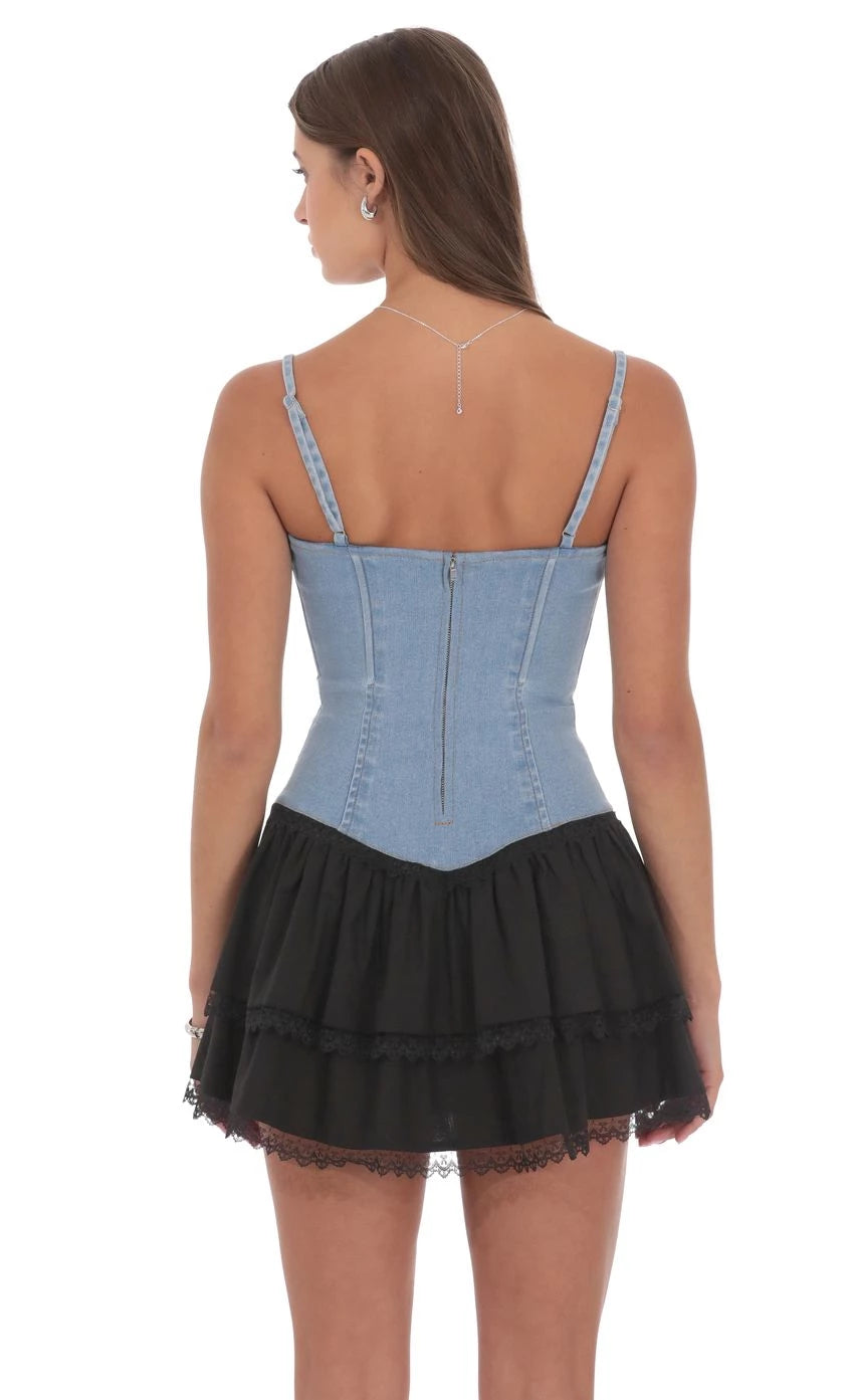 Edgy A-Line Sweetheart-Neck Denim-Spaghetti-Strap Lace-Trimmed Short Length Homecoming Dresses