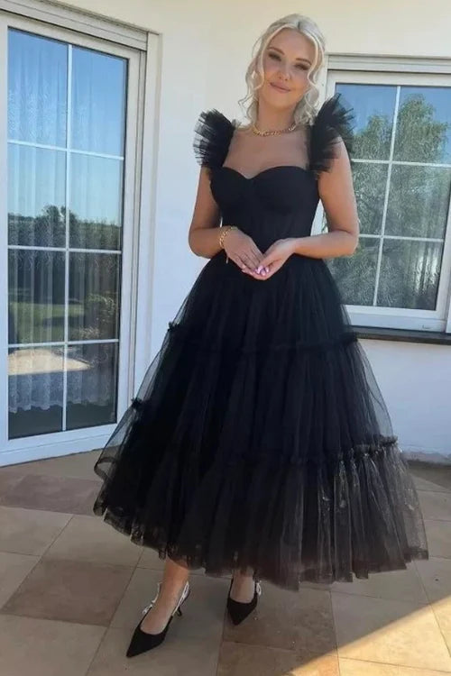 Edgy Ballgown Sweetheart Ruffled-Shoulder Closed-Back Black Tulle Tea-Length Bridesmaid Dresses