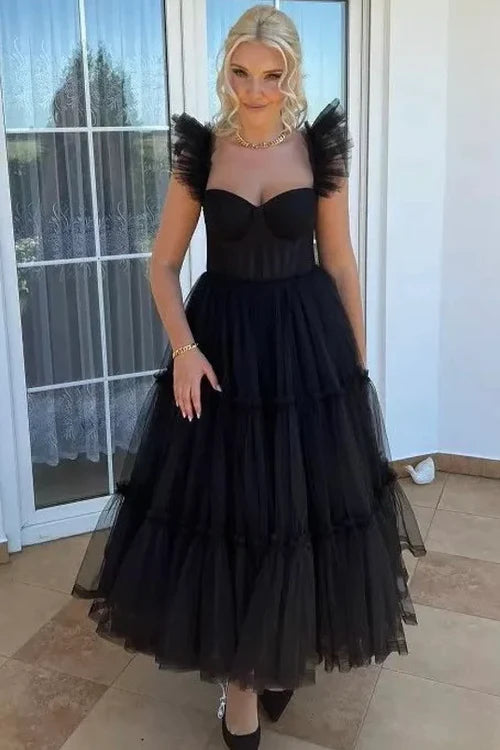Edgy Ballgown Sweetheart Ruffled-Shoulder Closed-Back Black Tulle Tea-Length Bridesmaid Dresses