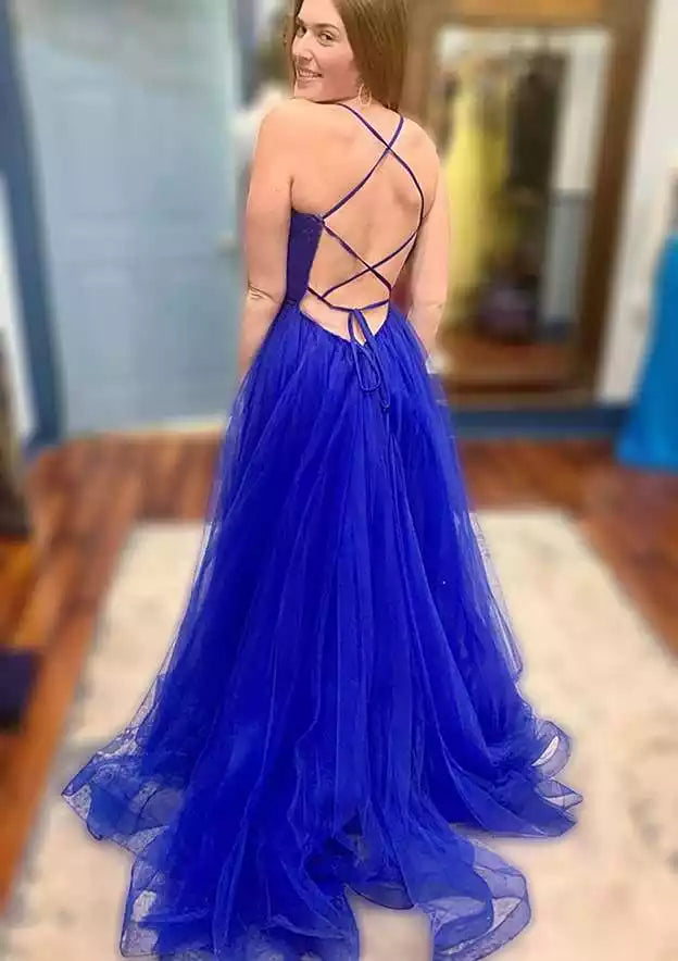 Electric Blue Tulle Crisscross-Back A-Line Gown – Airy & Glamorous Evening Party Dress