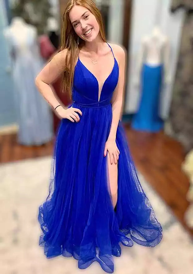 Electric Blue Tulle Crisscross-Back A-Line Gown – Airy & Glamorous Evening Party Dress