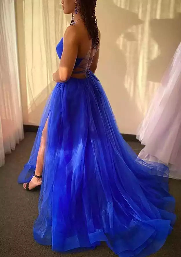 Electric Blue Tulle Spaghetti-Strap A-Line Gown – Airy & Bold Evening Party Dress