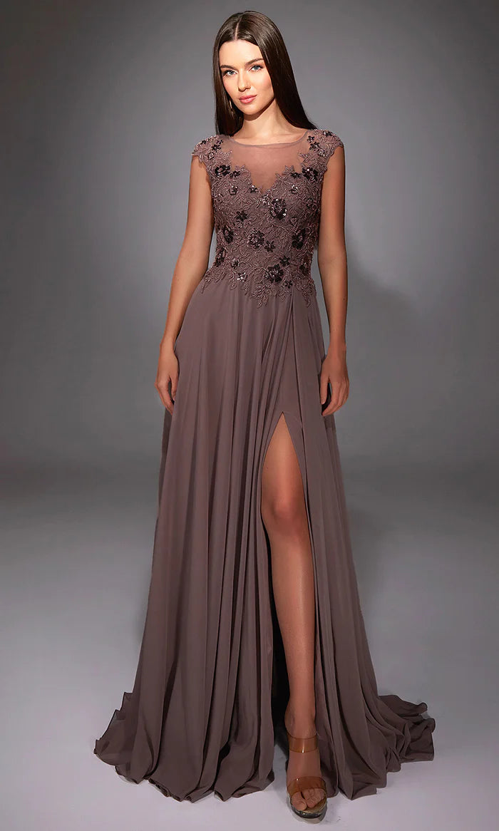 Elegant A-Line Bateau-Neck Cap-Sleeve-Zip-Back Dusty Mauve Chiffon & Sequin Floor-Length Mother of the Bride Dresses