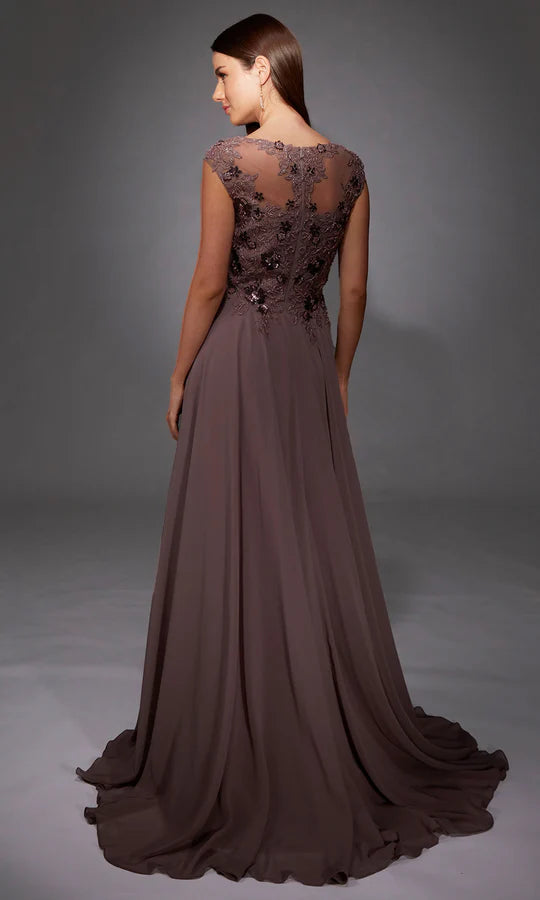 Elegant A-Line Bateau-Neck Cap-Sleeve-Zip-Back Dusty Mauve Chiffon & Sequin Floor-Length Mother of the Bride Dresses