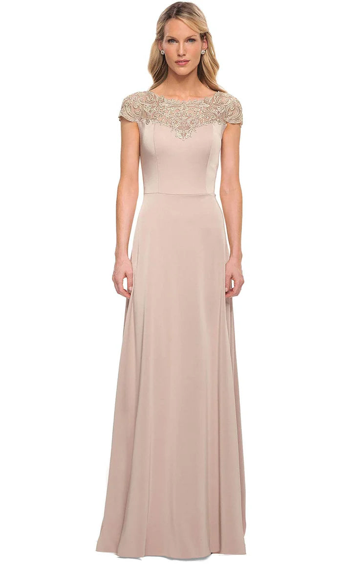 Elegant A-Line Boat-Neck Cap-Sleeve Keyhole-Back Blush Embellished-Lace Satin Floor-Length Mother of the Bride Dresses