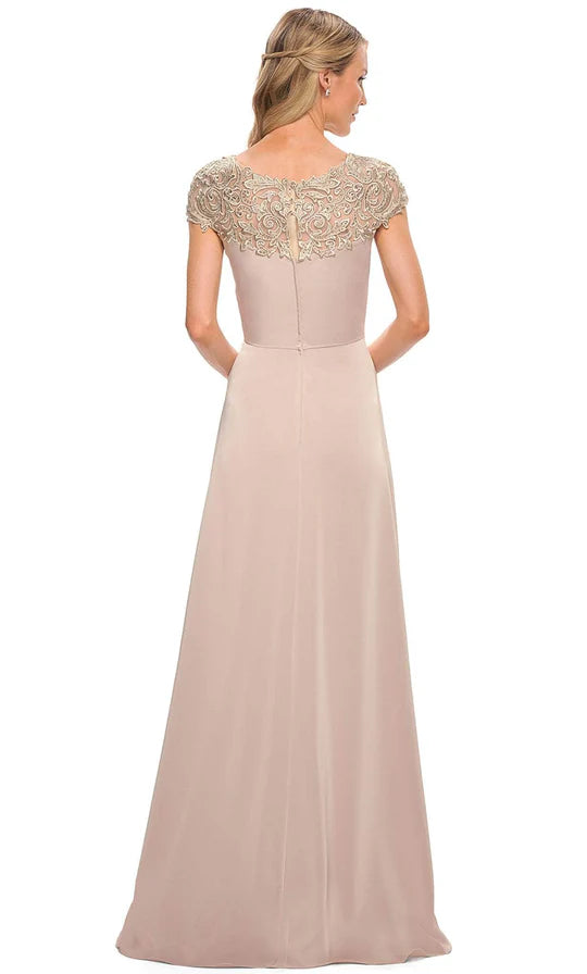 Elegant A-Line Boat-Neck Cap-Sleeve Keyhole-Back Blush Embellished-Lace Satin Floor-Length Mother of the Bride Dresses