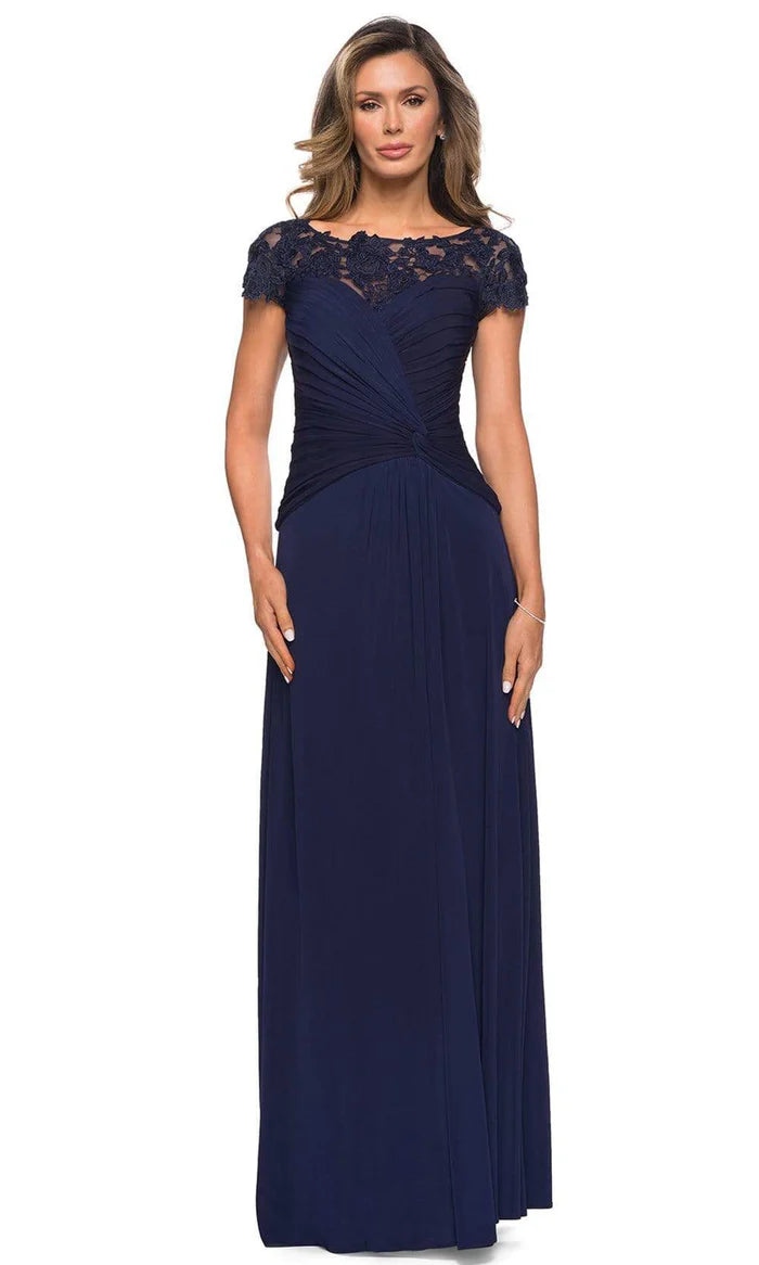 Elegant A-Line Boat-Neck Cap-Sleeve Lace-Back Navy Ruched-Chiffon Floor-Length Mother of the Bride Dresses