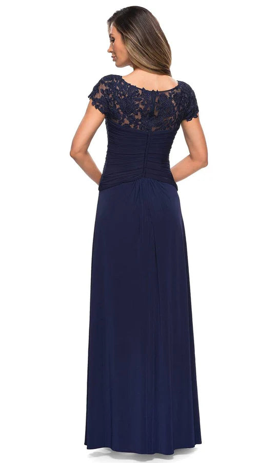 Elegant A-Line Boat-Neck Cap-Sleeve Lace-Back Navy Ruched-Chiffon Floor-Length Mother of the Bride Dresses