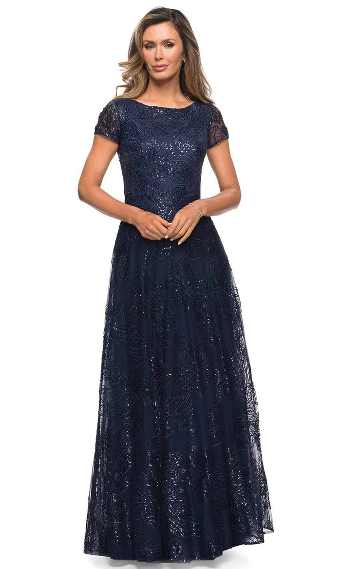 Elegant A-Line Boat-Neck Cap-Sleeve Lace-Back Navy Sequin-Floral-Lace Tulle Floor-Length Mother of the Bride Dresses