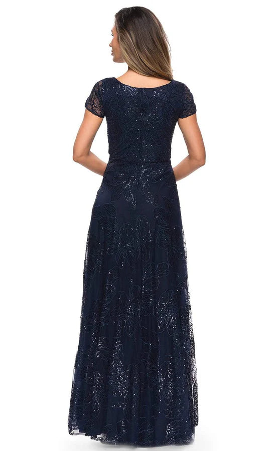 Elegant A-Line Boat-Neck Cap-Sleeve Lace-Back Navy Sequin-Floral-Lace Tulle Floor-Length Mother of the Bride Dresses