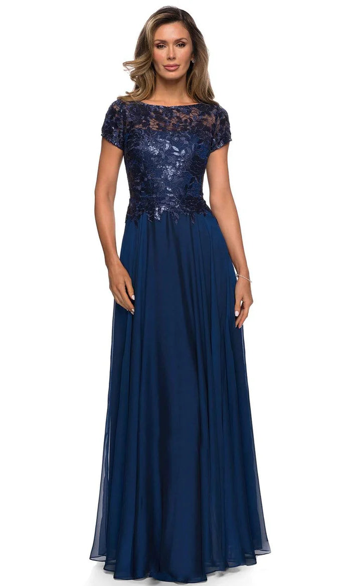 Elegant A-Line Boat-Neck Cap-Sleeve Lace-Back Navy Sequin-Lace Chiffon Floor-Length Mother of the Bride Dresses