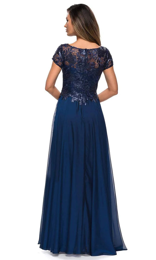 Elegant A-Line Boat-Neck Cap-Sleeve Lace-Back Navy Sequin-Lace Chiffon Floor-Length Mother of the Bride Dresses