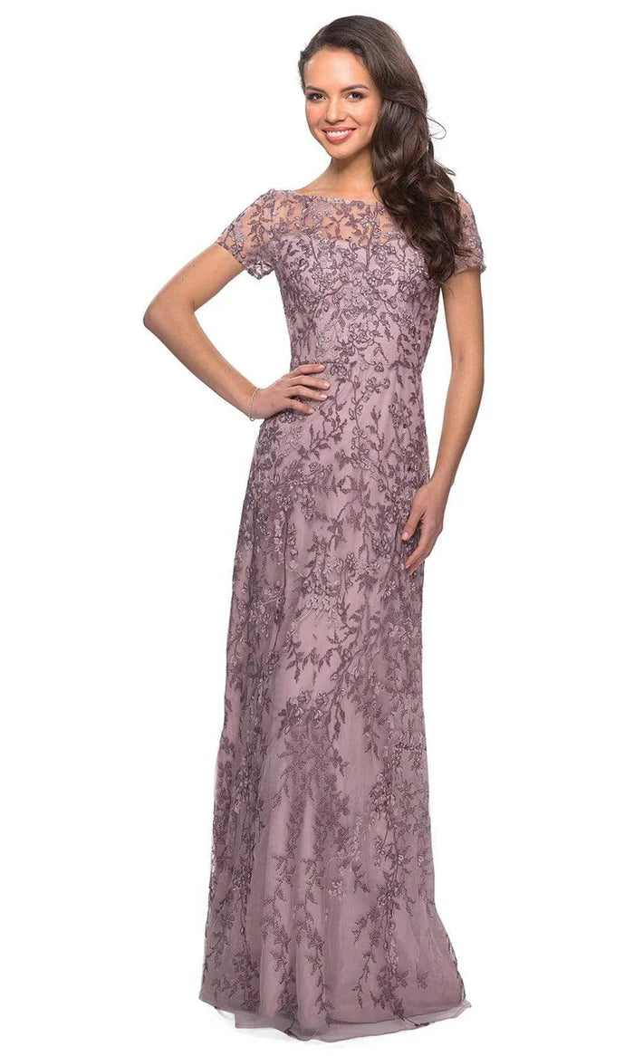 Elegant A-Line Boat-Neck Cap-Sleeve Sheer-Back Dusty Mauve Embroidered-Lace Floor-Length Mother of the Bride Dresses