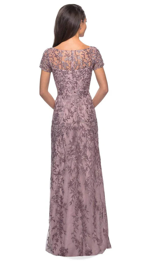 Elegant A-Line Boat-Neck Cap-Sleeve Sheer-Back Dusty Mauve Embroidered-Lace Floor-Length Mother of the Bride Dresses