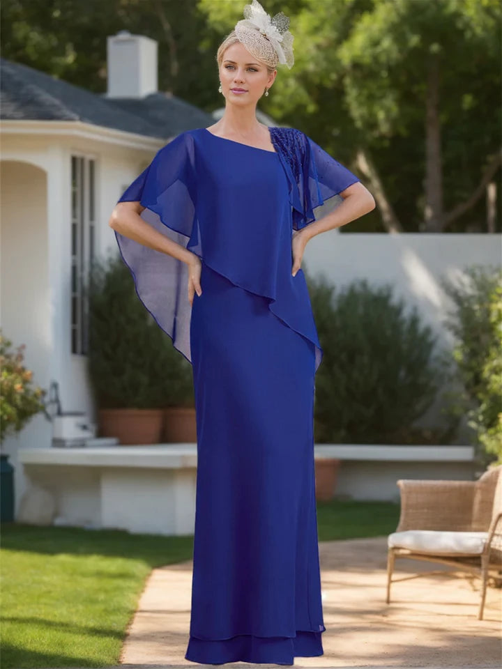 Elegant A - Line Boat Neck Cape Sleeve Zipper Back Floor - Length Mother of the Bride Dresses