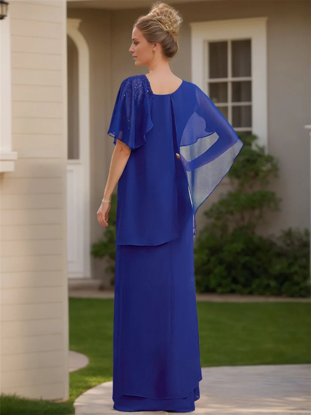 Elegant A - Line Boat Neck Cape Sleeve Zipper Back Floor - Length Mother of the Bride Dresses