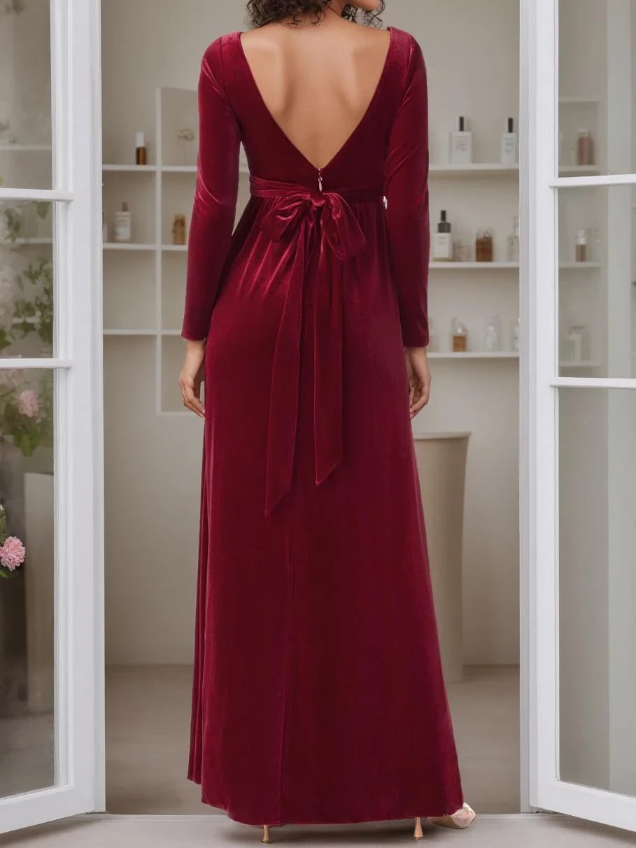Elegant A - Line Boat Neck Long Sleeve Bow Back Floor - Length Mother of the Bride Dresses