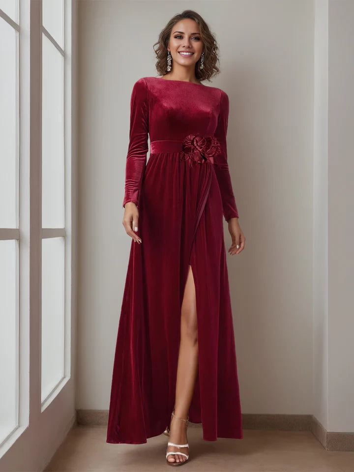 Elegant A - Line Boat Neck Long Sleeve Bow Back Floor - Length Mother of the Bride Dresses