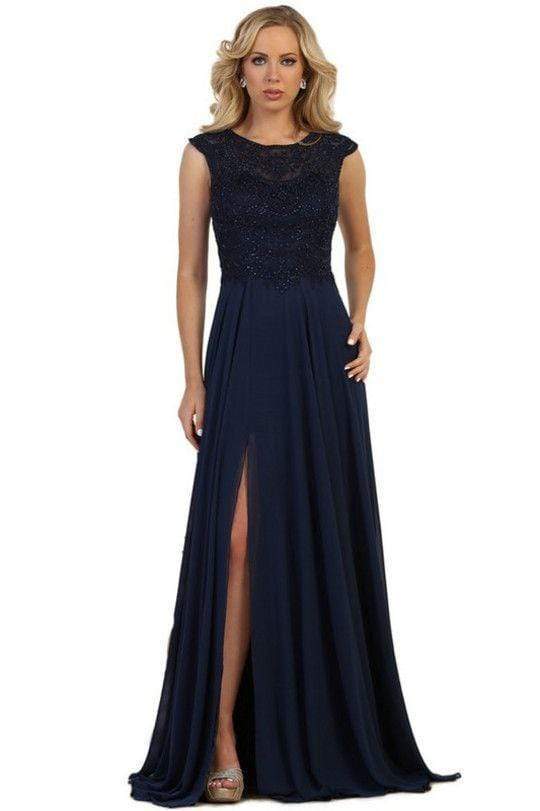 Elegant A-Line Boat-Neck Sleeveless Sheer-Back Navy Beaded-Chiffon Floor-Length Mother of the Bride Dresses
