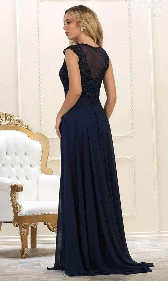 Elegant A-Line Boat-Neck Sleeveless Sheer-Back Navy Beaded-Chiffon Floor-Length Mother of the Bride Dresses