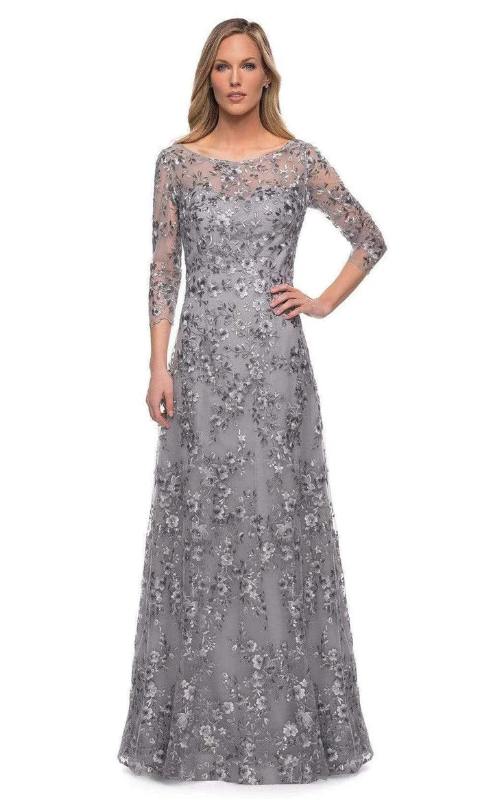 Elegant A-Line Boat-Neck Three-Quarter-Sleeve Lace-Back Charcoal Floral-Embroidered Tulle Floor-Length Mother of the Bride Dresses