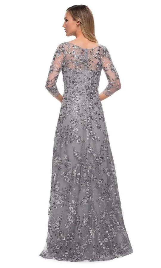Elegant A-Line Boat-Neck Three-Quarter-Sleeve Lace-Back Charcoal Floral-Embroidered Tulle Floor-Length Mother of the Bride Dresses